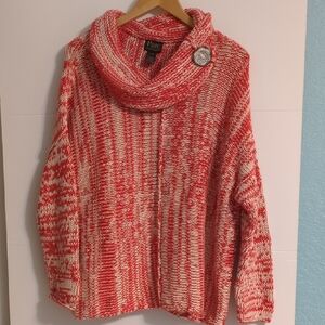 Pure Handknit Cowl Neck Sweater Red & White Boho Art To Wear Pullover Sz L/xL
